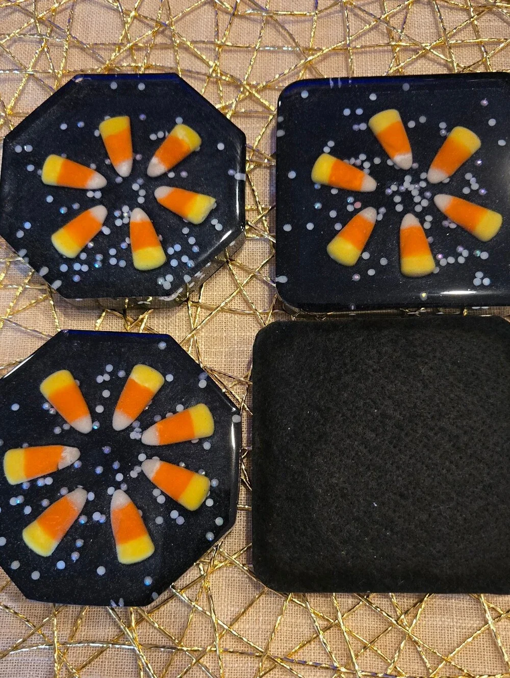 Handmade Black Candy Corn Coasters – Set of 4